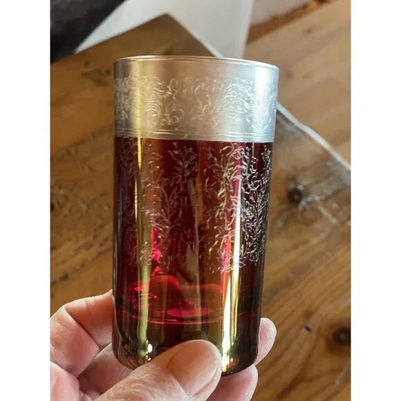 Vetri di Firenze Vtg Etched Colored Glass Etched Silver Top Rim Cordials Italian